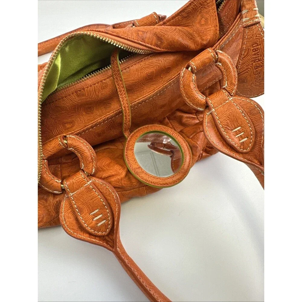 David And Scotti Handbag Double Shoulder Straps Orange Leather Printed Medium